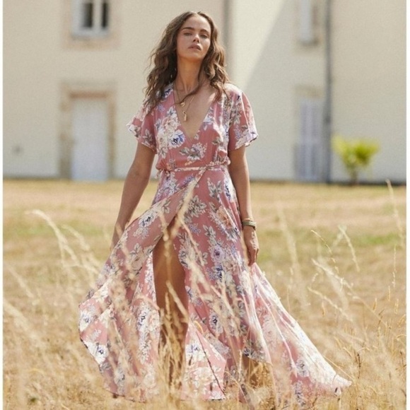 Auguste The Label Pascal Muse Floral Wrap Maxi Dress Pink Peach Short Sleeve 8 - Picture 13 of 16